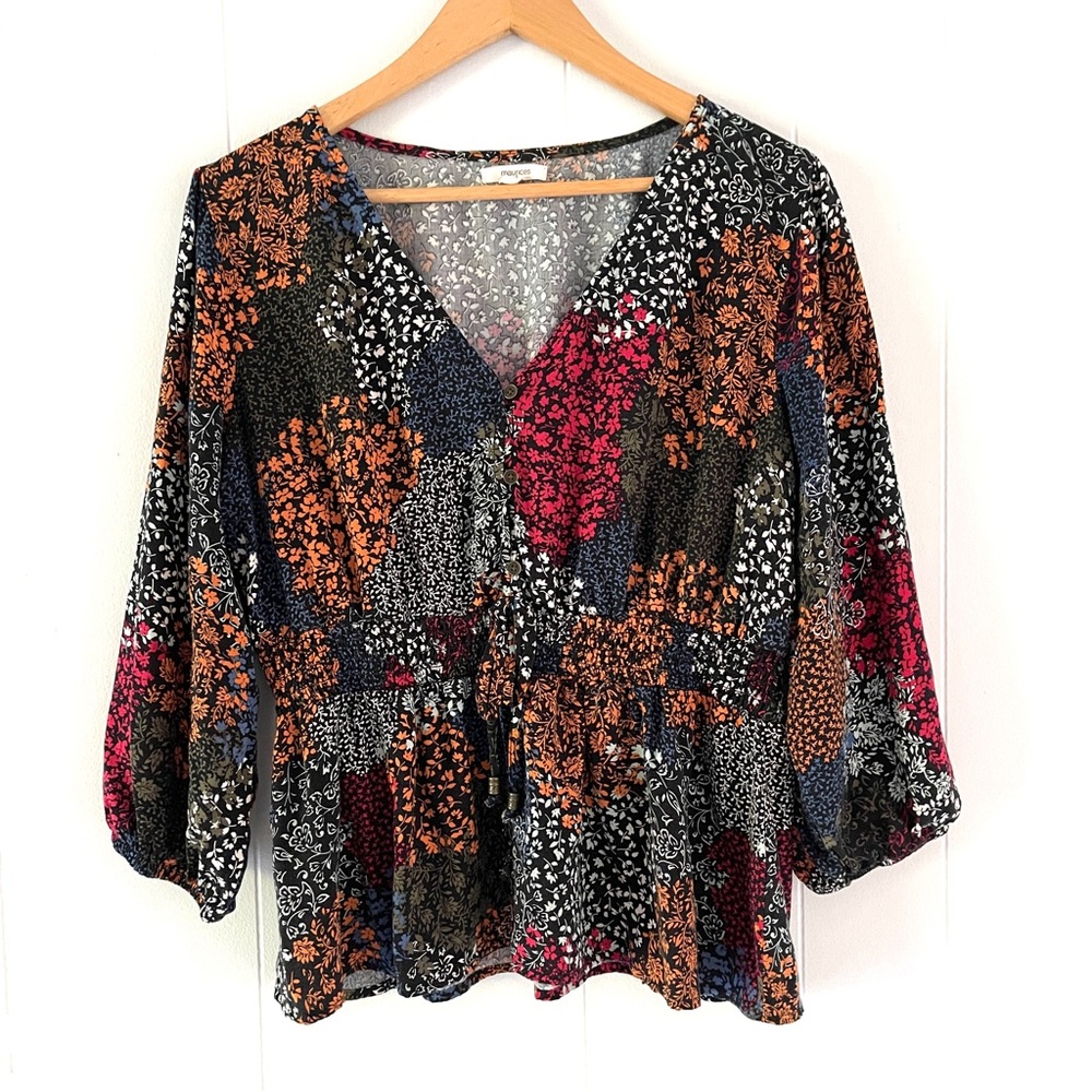 Maurices Ditzy Floral Patchwork Smocked Peplum Top Women’s M Cottagecore Boho